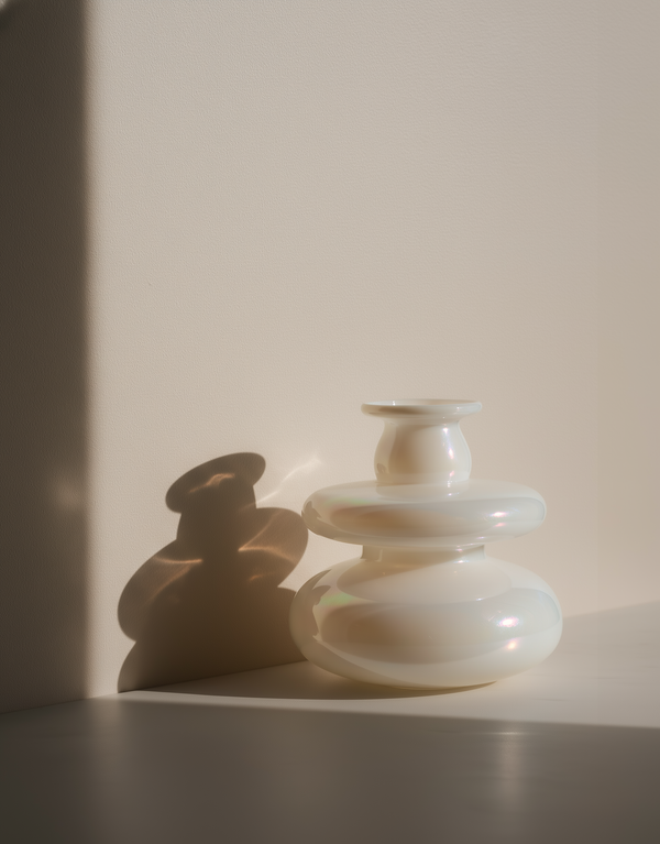 Mugen Loft Vase in opal handblown glass styled in a minimal interior setting