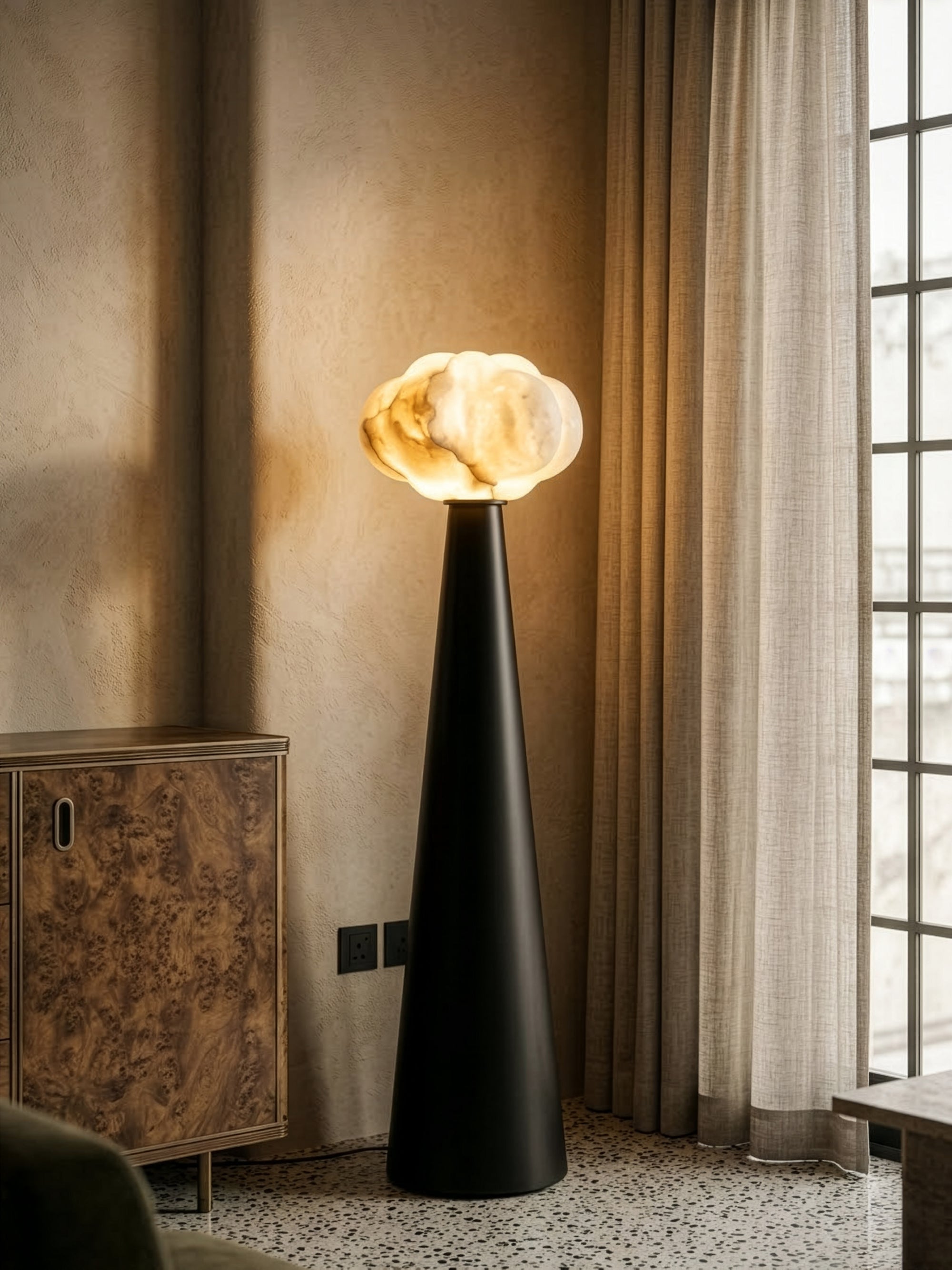 Mugen Lucen floor lamp styled in a serene contemporary interior with a full-height presence
