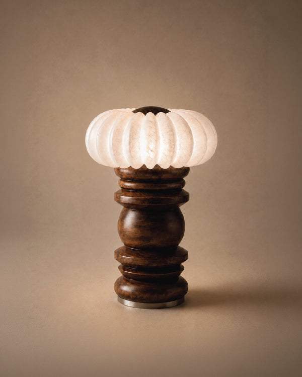 Close detail of illuminated alabaster on Shai Table Lamp