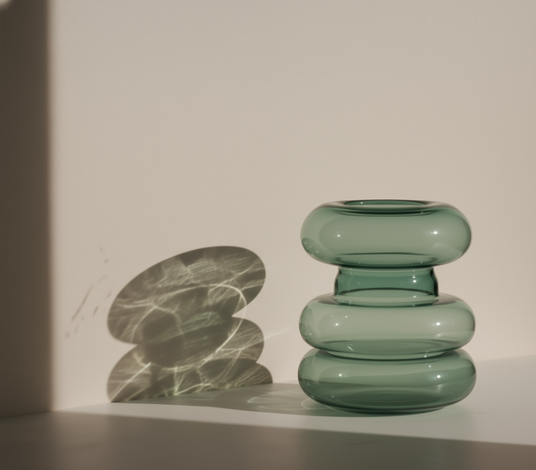 Mugen Shella Vase in teal handblown glass placed in a contemporary interior setting