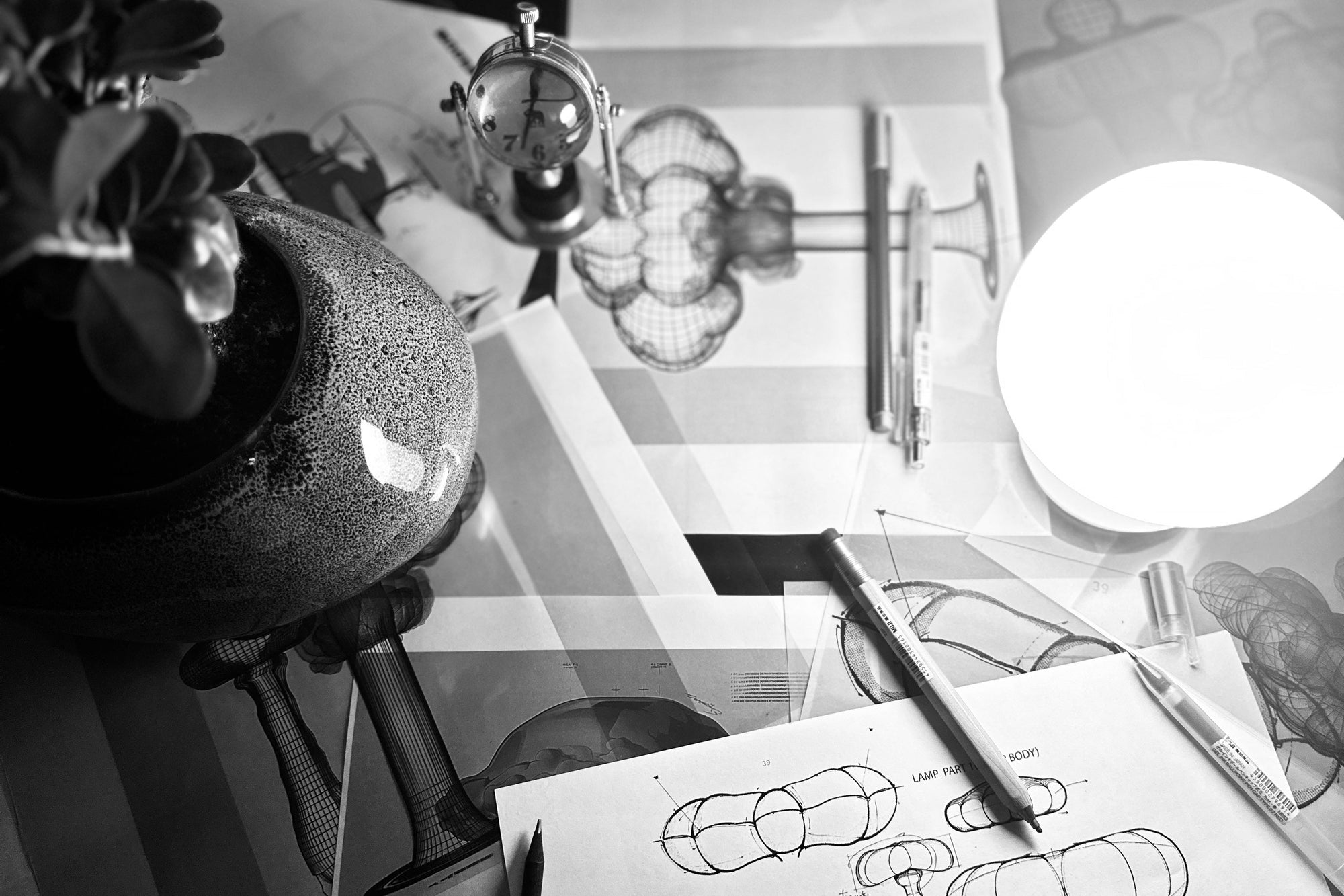 Mugen hand-drawn sketches of sculptural lighting forms